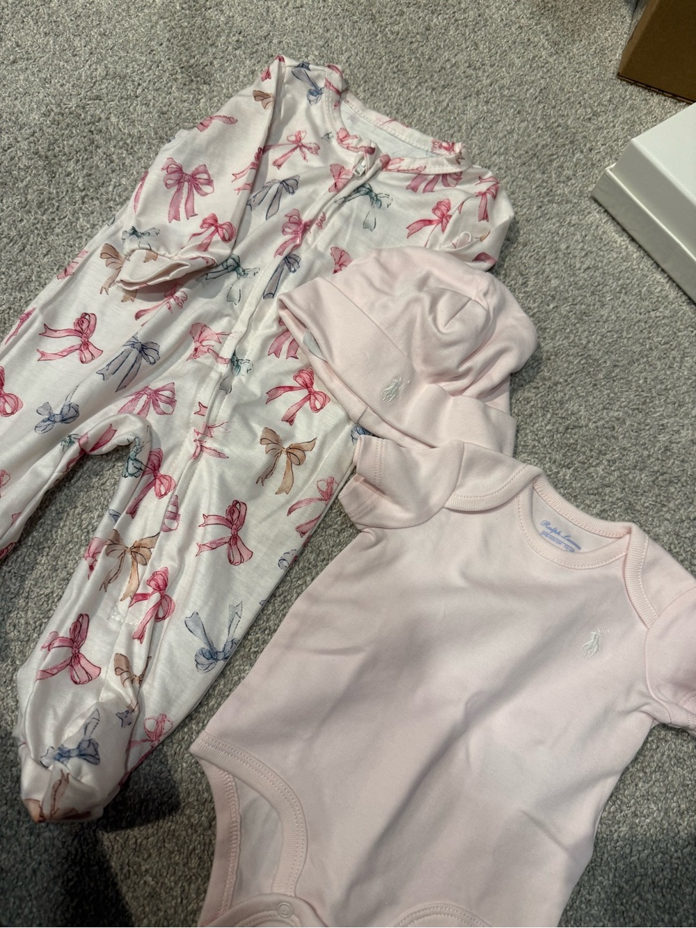 Ralph Lauren Newborn Pink Bow-Print Sleeper with Pale Pink Bodysuit & Hat